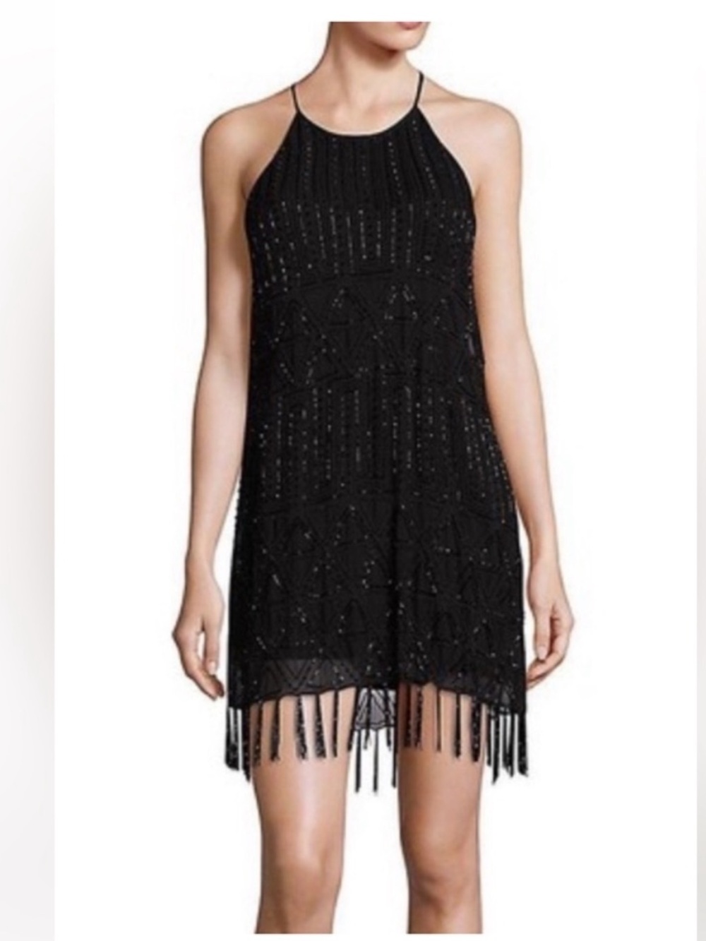 Joie Black Beaded Halter Mini Dress with Fringe